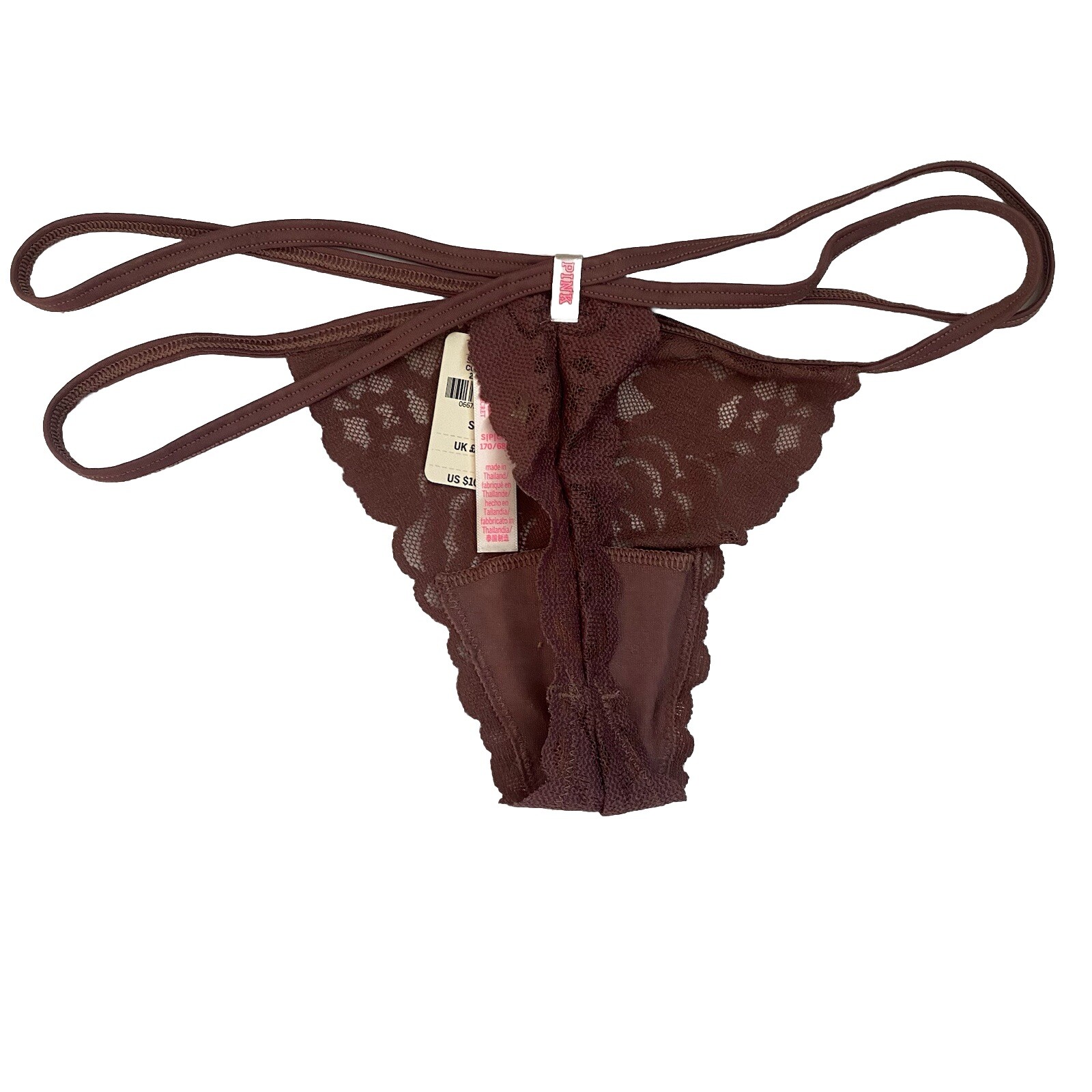 VICTORIA’S SECRET Cotton V-String Thong Panty VS Pink Brown Floral Lace S
