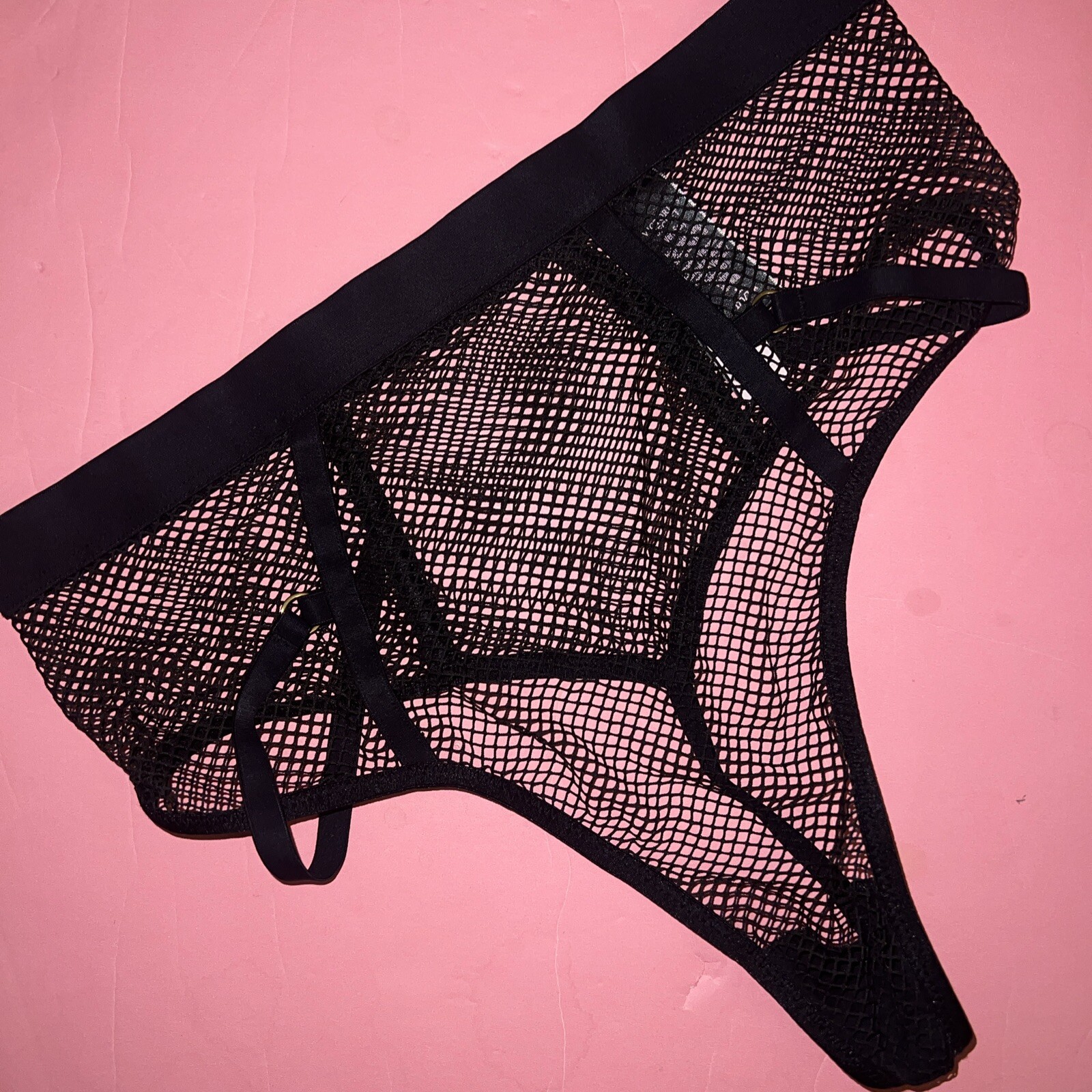 Victoria’s Secret S HIGH-WAIST THONG Panty FISHNET LACE straps Black VERY SEXY