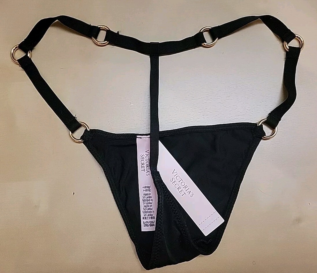 VICTORIA’S SECRET VERY SEXY BLACK V-String thong Panty w/ Gold Metal Rings sz S