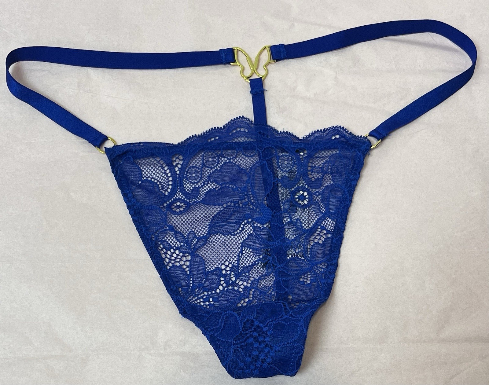 NWT Victoria’s Secret Blue V-String GOLD Butterfly Size MEDIUM Lacey