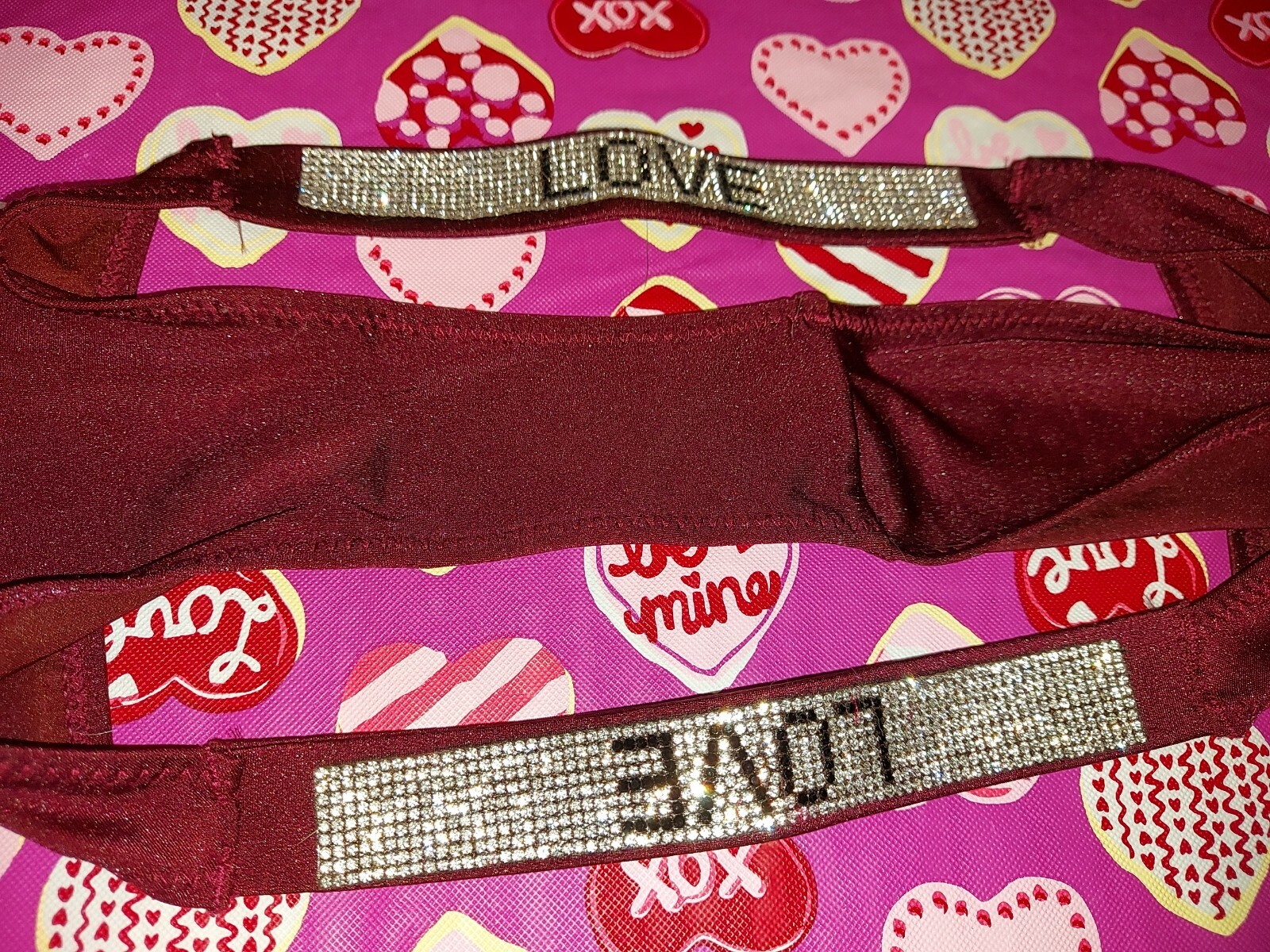 VICTORIAS SECRET BRAZILIAN BOMBSHELL BURGANDY RHINESTONE LOVE PANTY M/L NWOT