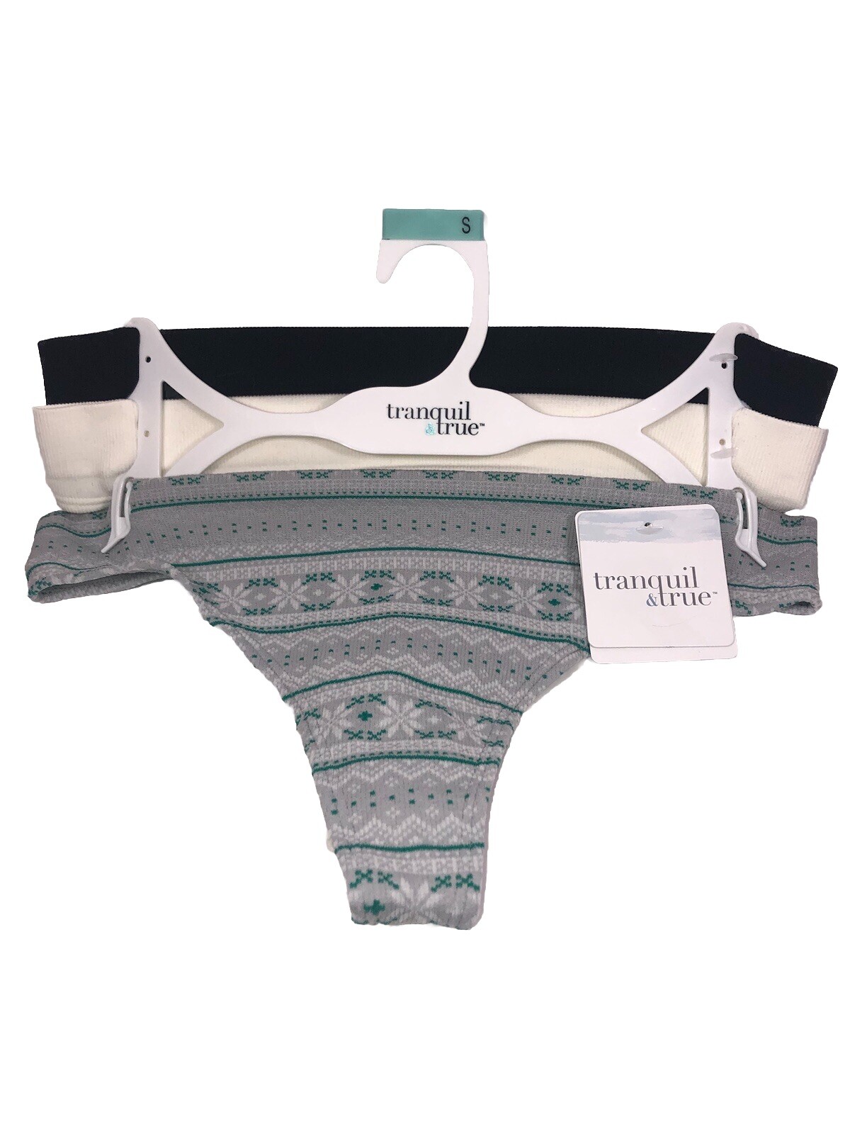 TRANQUIL & TRUE Woman’s 3 Pack NWT Thongs Size SMALL Black, White, Grey w/ Print