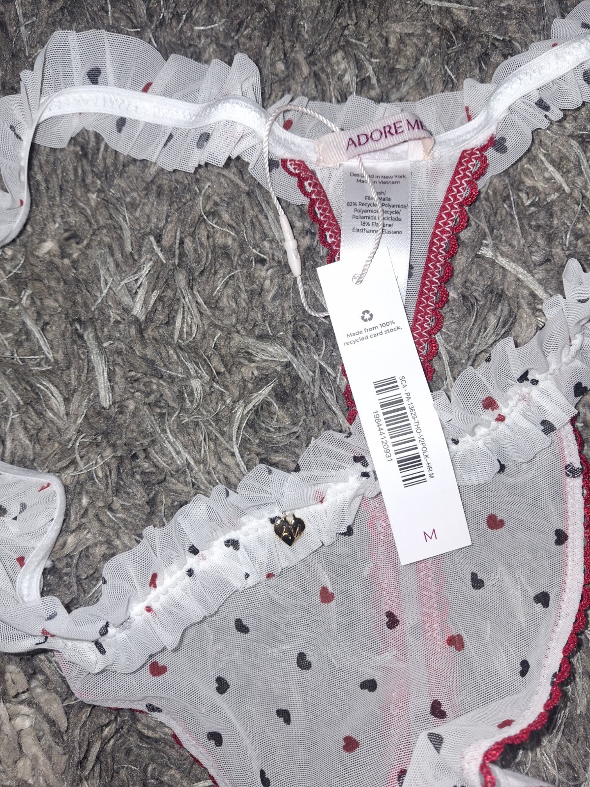 Adore Me/VS Ruffled Mesh Thong Panty NEW Medium White Multi Hearts