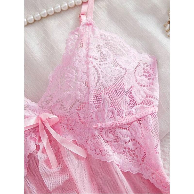 Women Sexy Sleepwear Set V Neck Nightdress Bra Panty Pajamas Lingerie