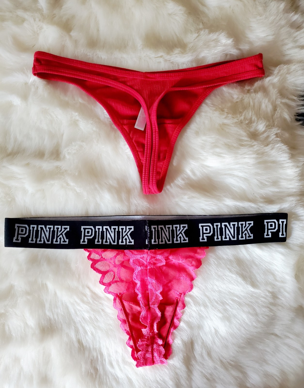 Victoria’s Secret Y2K PINK Panty Thong Lot of 3 Logo Band Cherry Print Lace XS/M