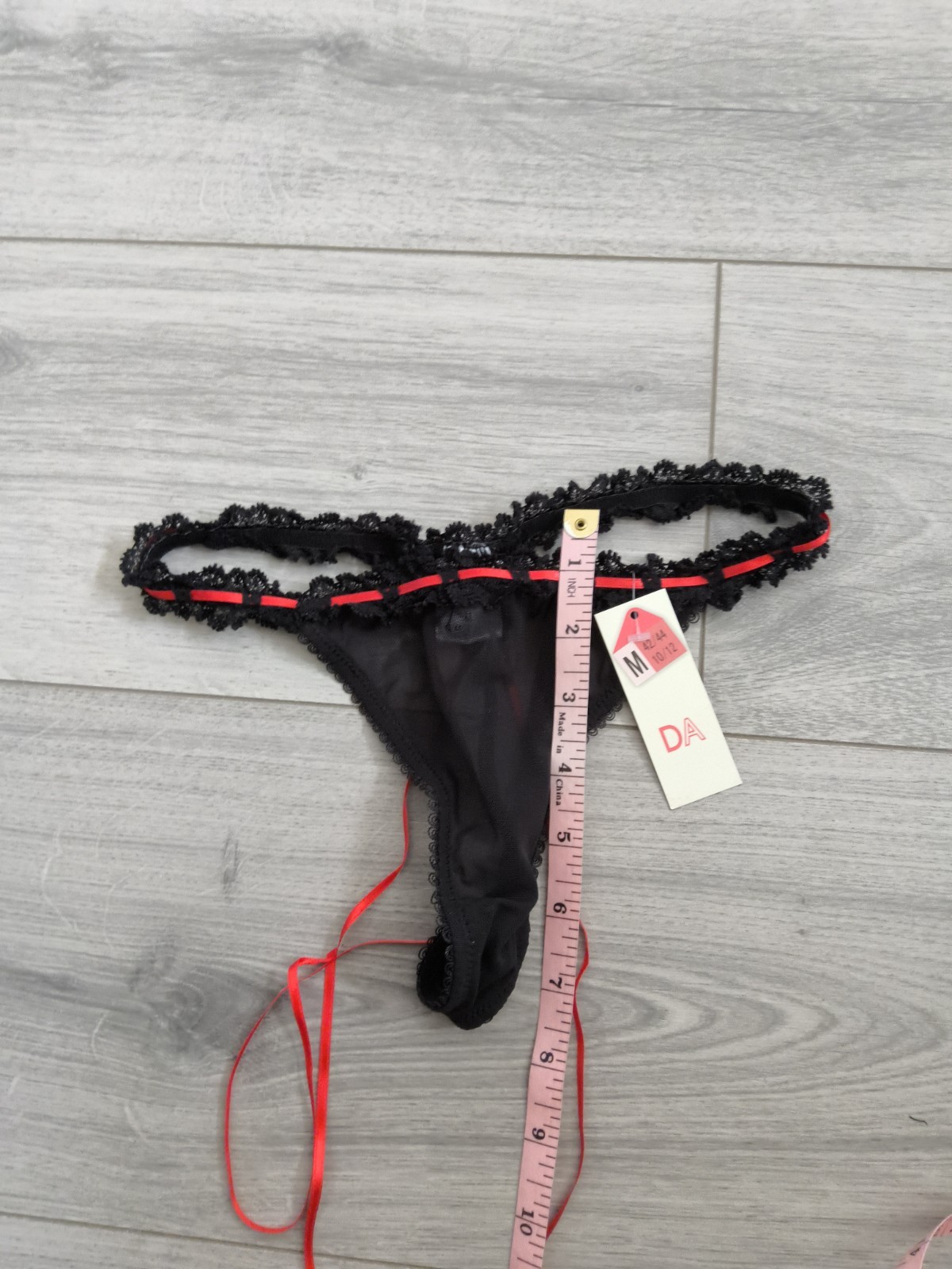 BNWT Vintage Daniel Axel Sheer Black Mesh & Ribbon Slotted Lace Thong Size 8-10