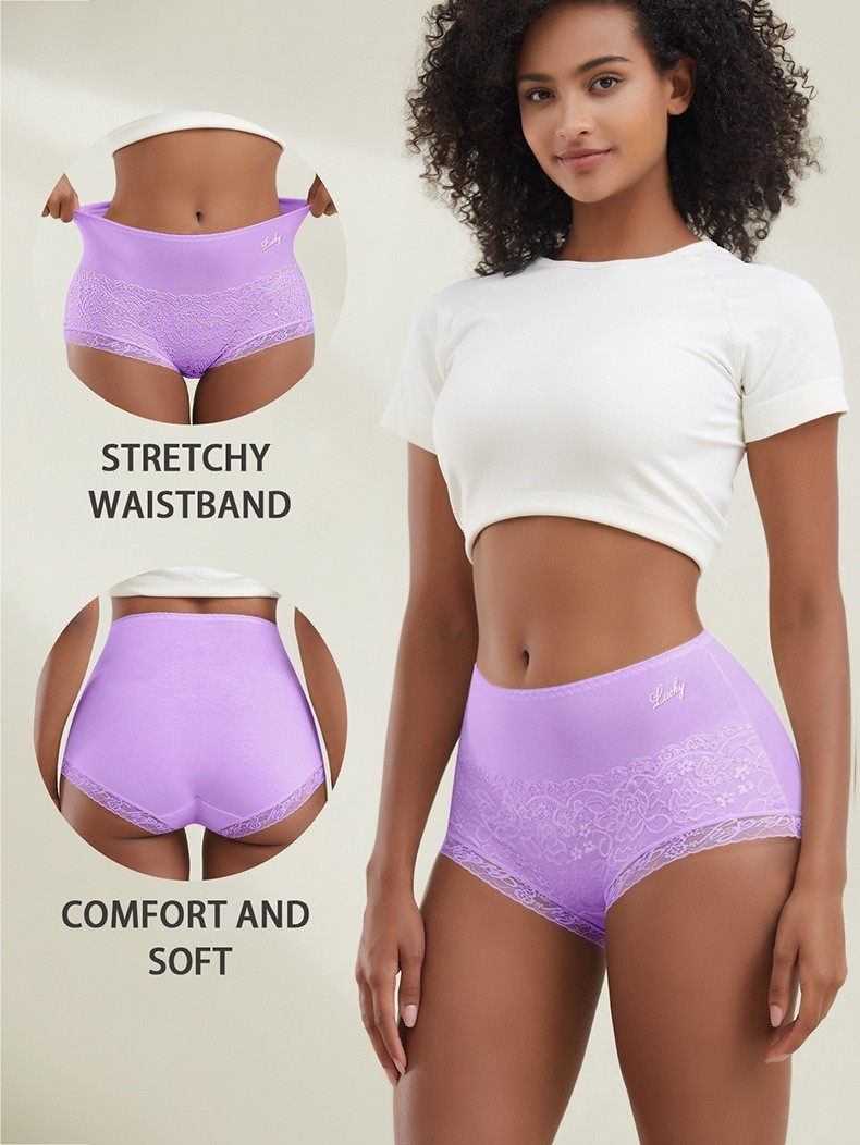 3 Pack High Waist Soft Cotton Lace Trim Panties – Breathable Bikini for Women