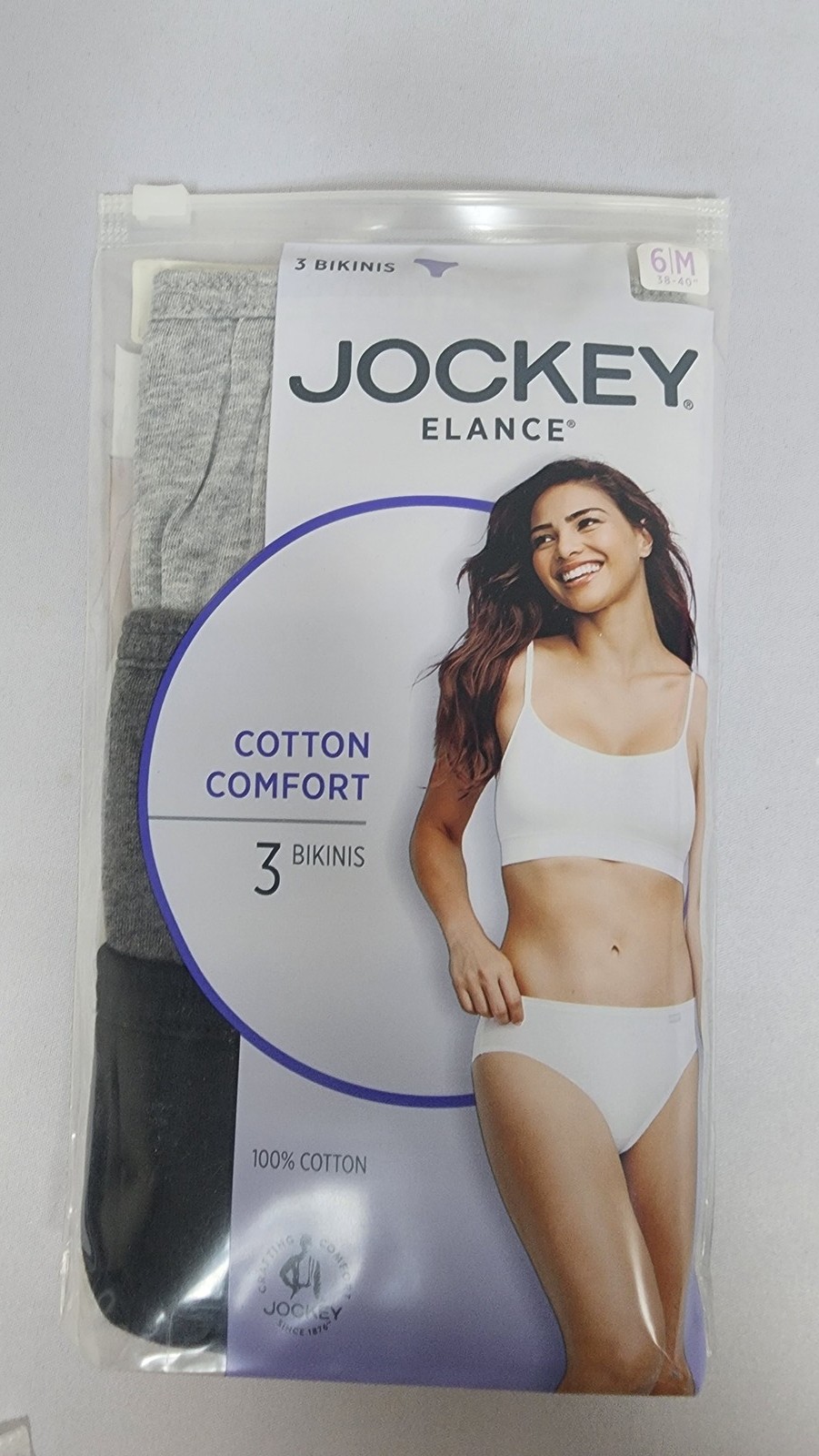 Jockey Elance Cotton Comfort Bikini Panties – Size 6 – 3 Pack Mixed Black / Grey