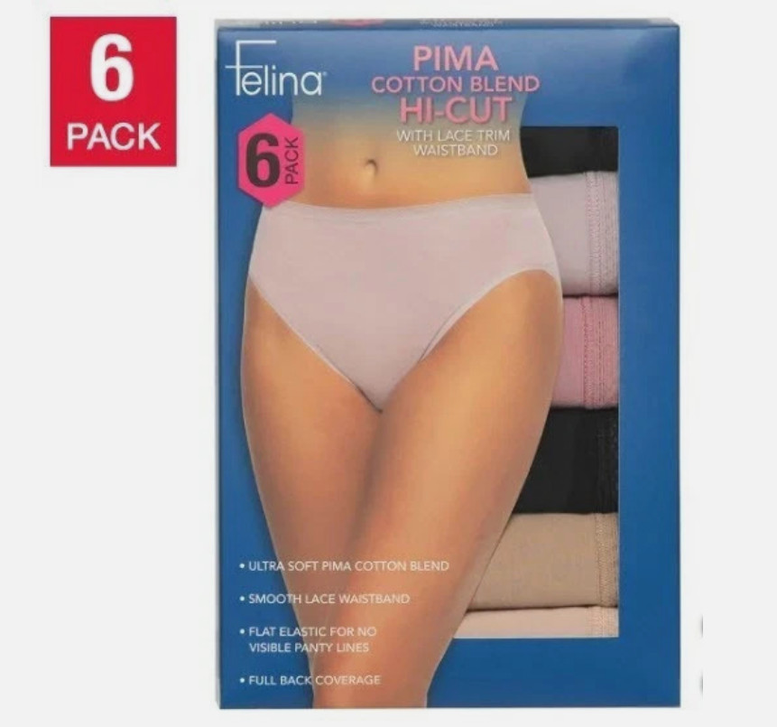 Felina Womens 6 Pack Small Pima Cotton Blend Hi Cut Briefs – Black Pink Brown