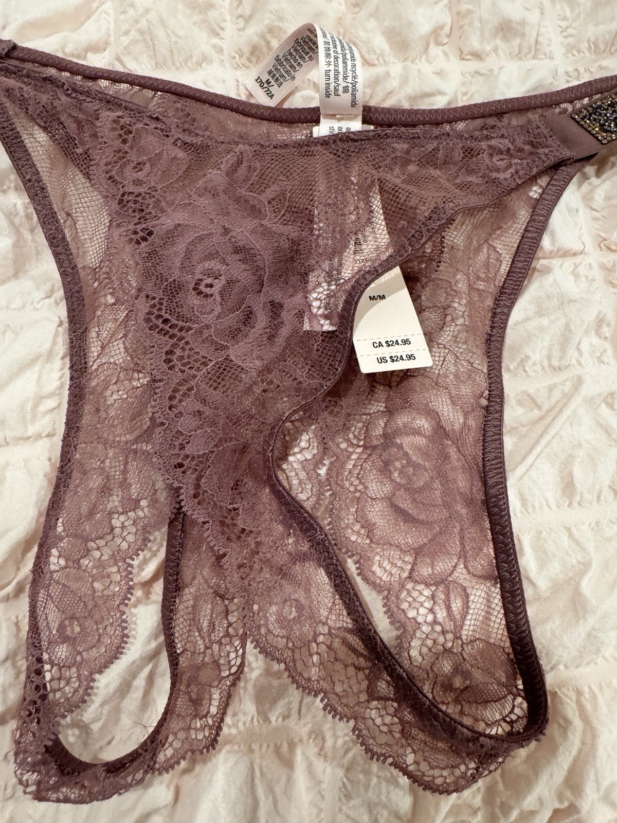 Victoria’s Secret NWT Purple Vapor Crotchless Brazilian Panty Rhinestone Logo M