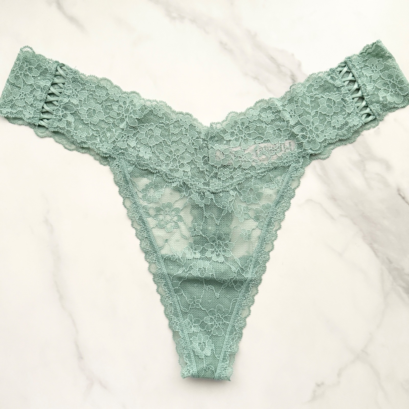 Victoria’s Secret The Lacie Posey Lace Side Lace-Up Thong Panty Seasalt Green XL