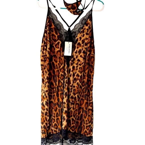 Women’s Plus Size Leopard Lingerie Chemise BabyDoll Night Dress + Thong, 22-24