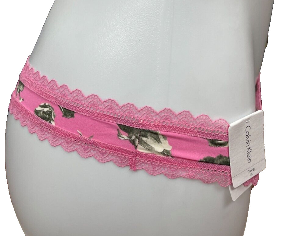 Calvin Klein XL Pink Rose Flower Print Scallop Lace Trim Thong Panties