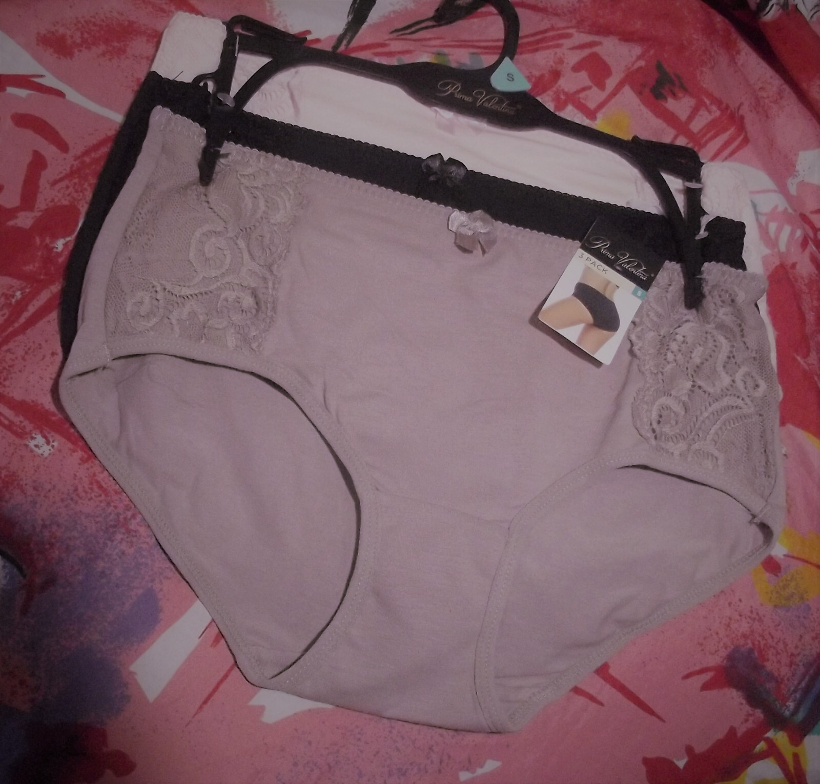 3 NEW PRIMA VALENTINA 872417 BG/BK LACE ACCENT PANELS COTTON HIPSTER PANTIES S