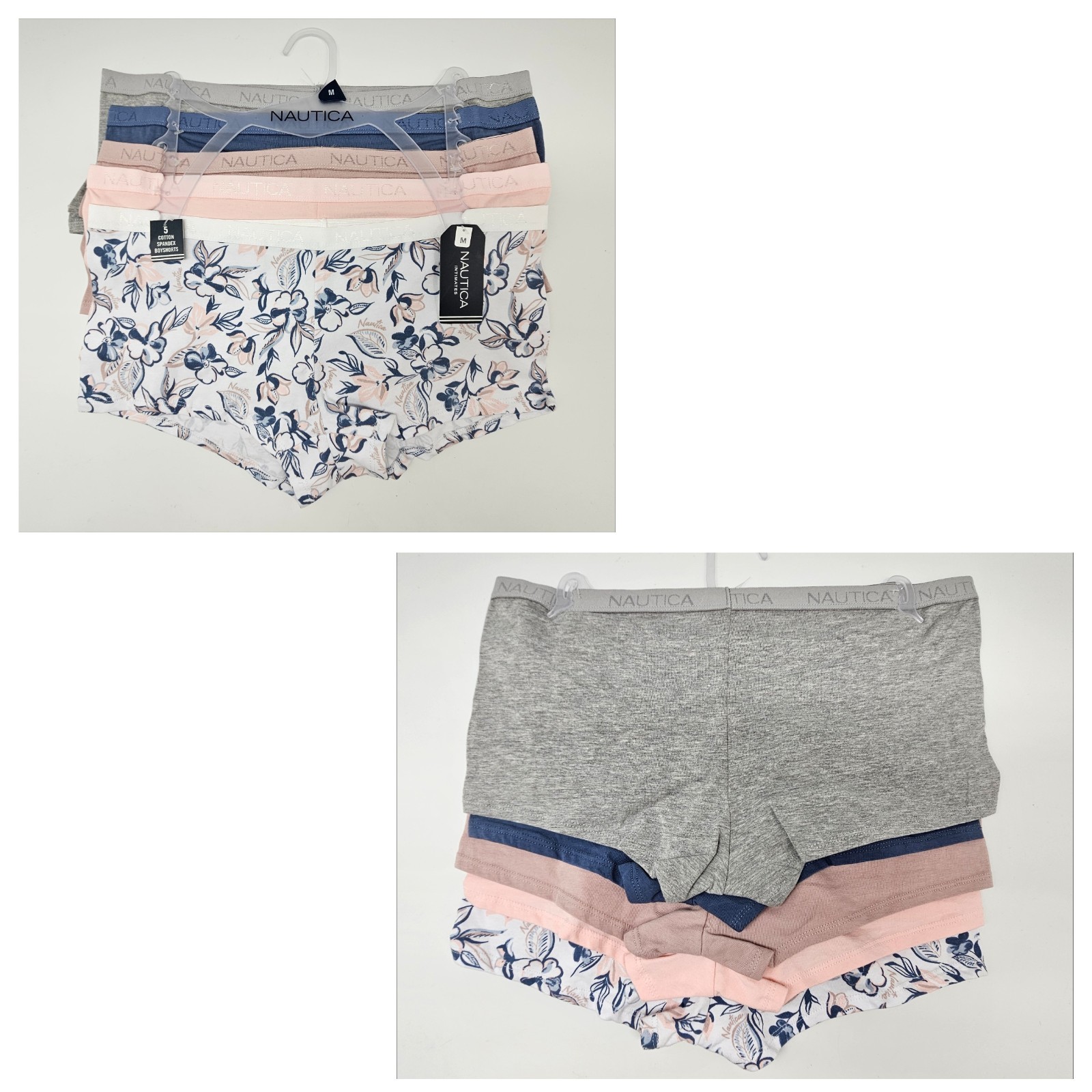 NAUTICA 5 Pack Women’s M L XL Cotton Logo Boy Shorts Gray Blue Beige Pink White