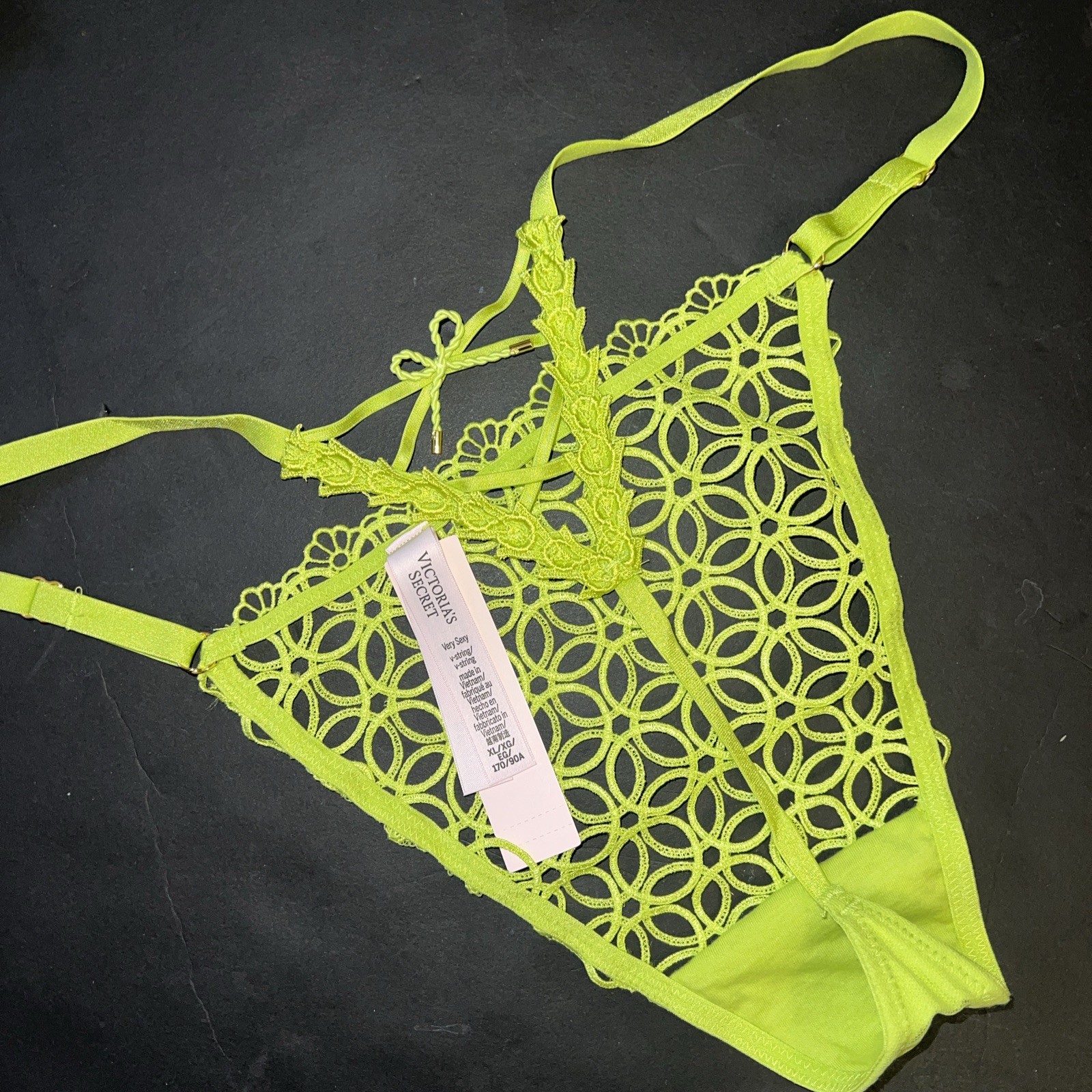 Victoria’s Secret XL THONG panty EMBROIDER applique NEON YELLOW green limelight