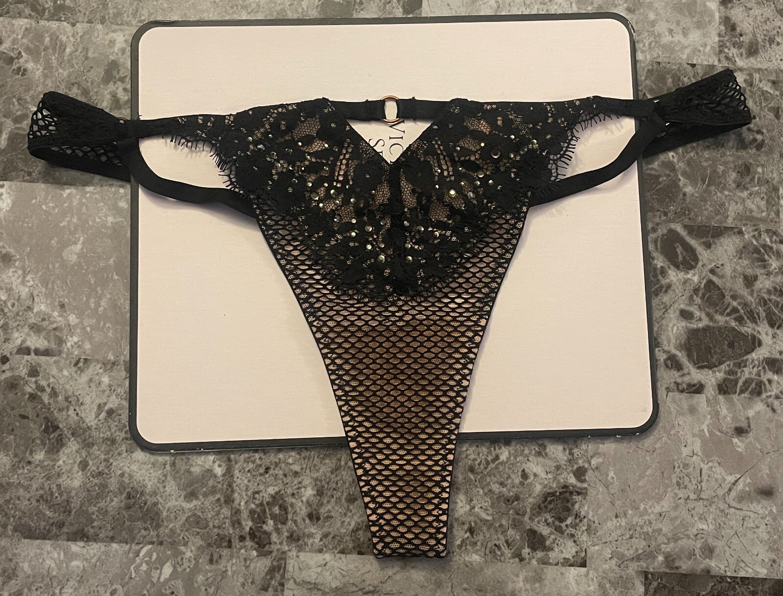NWT VICTORIA’S SECRET MEDIUM BLACK RHINESTONE FISHNET LACE RARE THONG PANTIES