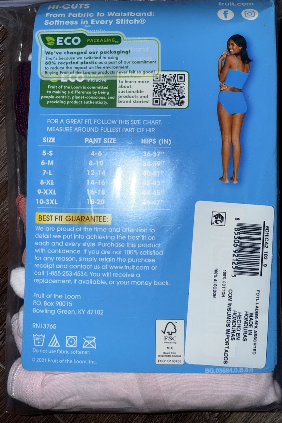 Fruit Of The Loom ~ Womens Hi-Cut Underwear Panties 6-Pair 100% Cotton ~ 9/2XL