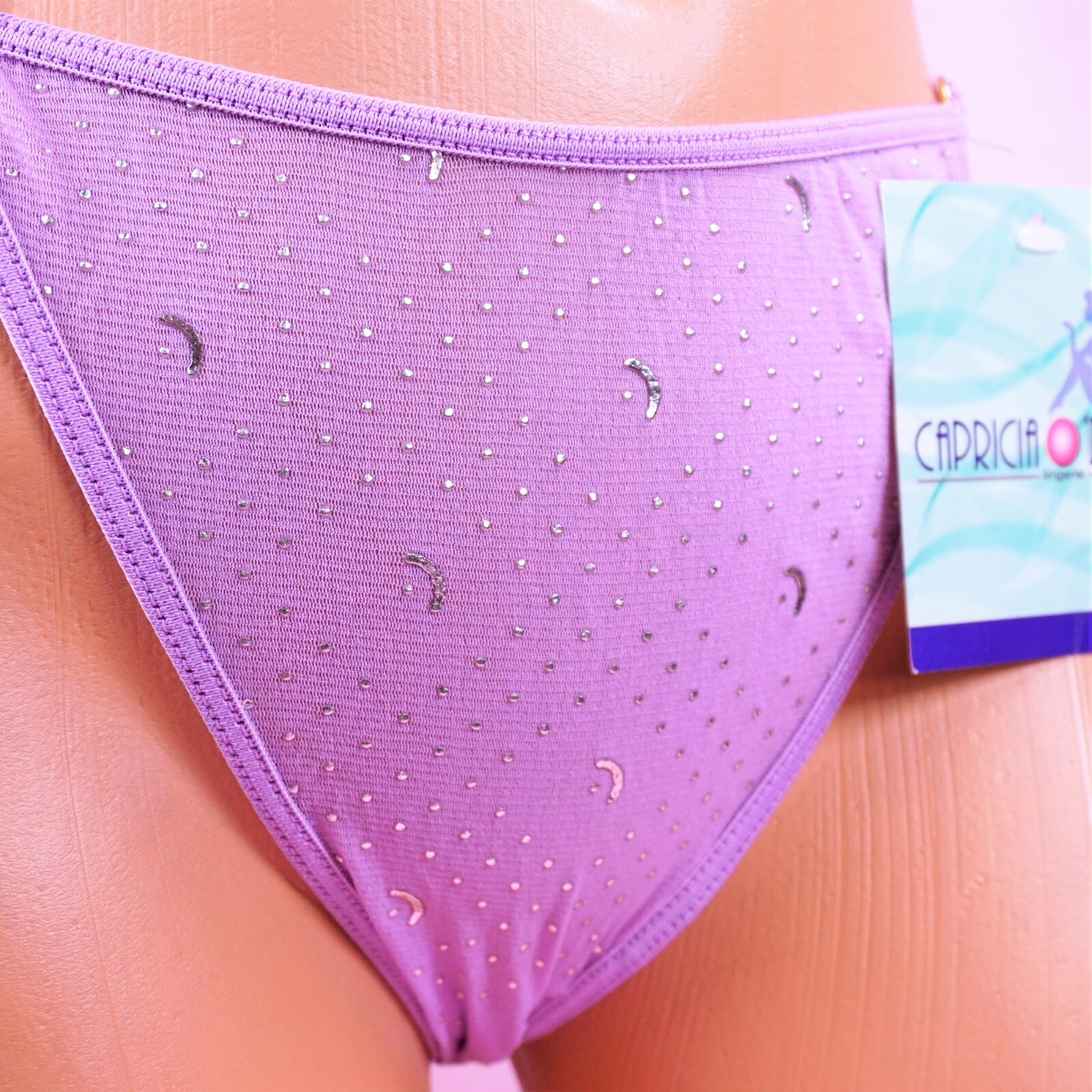 ladies NYLON THONG panties silver polka dots & moons Pink Purple G string sz 6 7