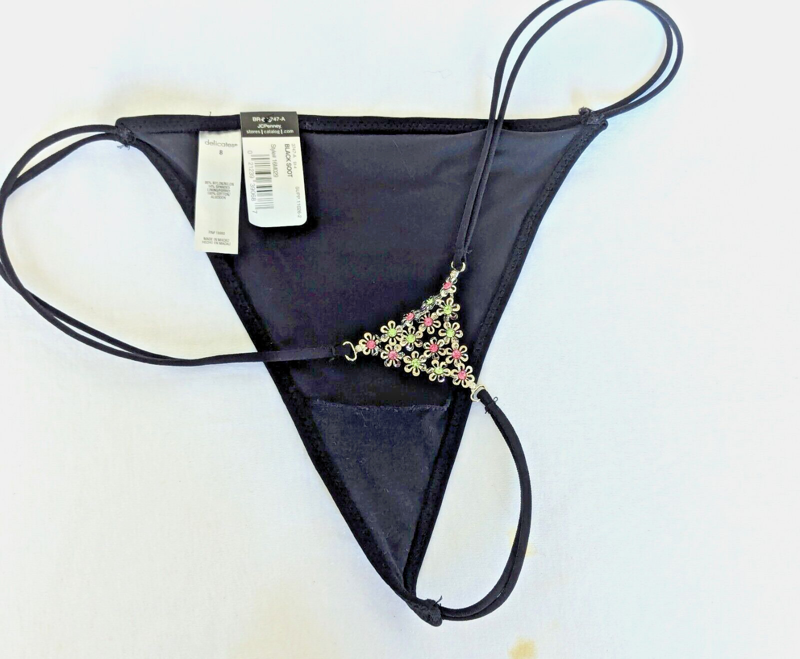 DELICATES Black Fashion Panties String Thong Size 8 made in Macau *NWT*