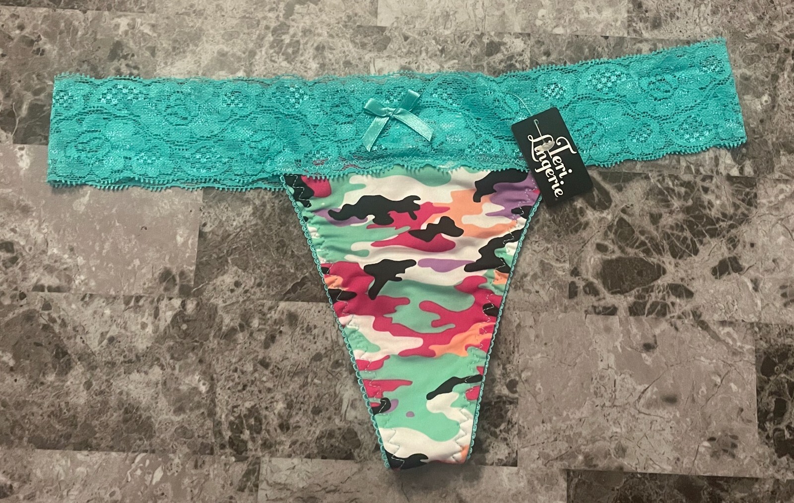NWT TERI LINGERIE L SMOOTH PINK PURPLE CAMOUFLAGE CAMO TEAL LACE THONG PANTIES
