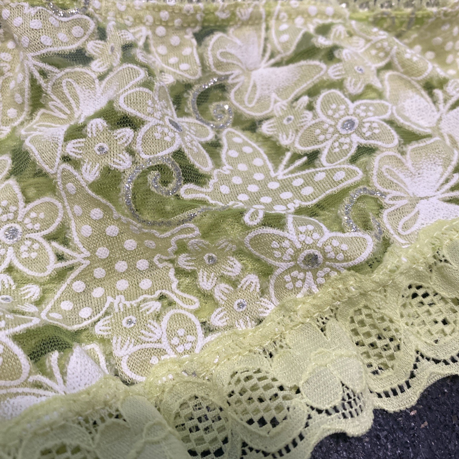 NWT Vanity Lime Green White Daisy FLORAL LACE CHEEKY Hipster Boyshort Panty
