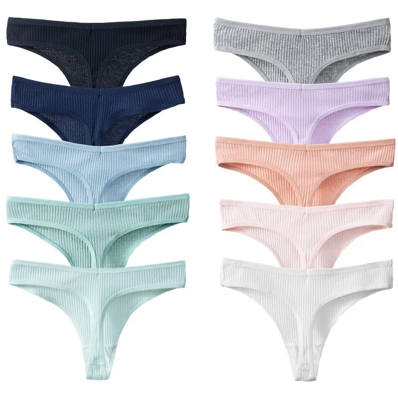 10Pcs Women Sexy Cotton Striped Thongs Panties Lingerie G-String Underwear