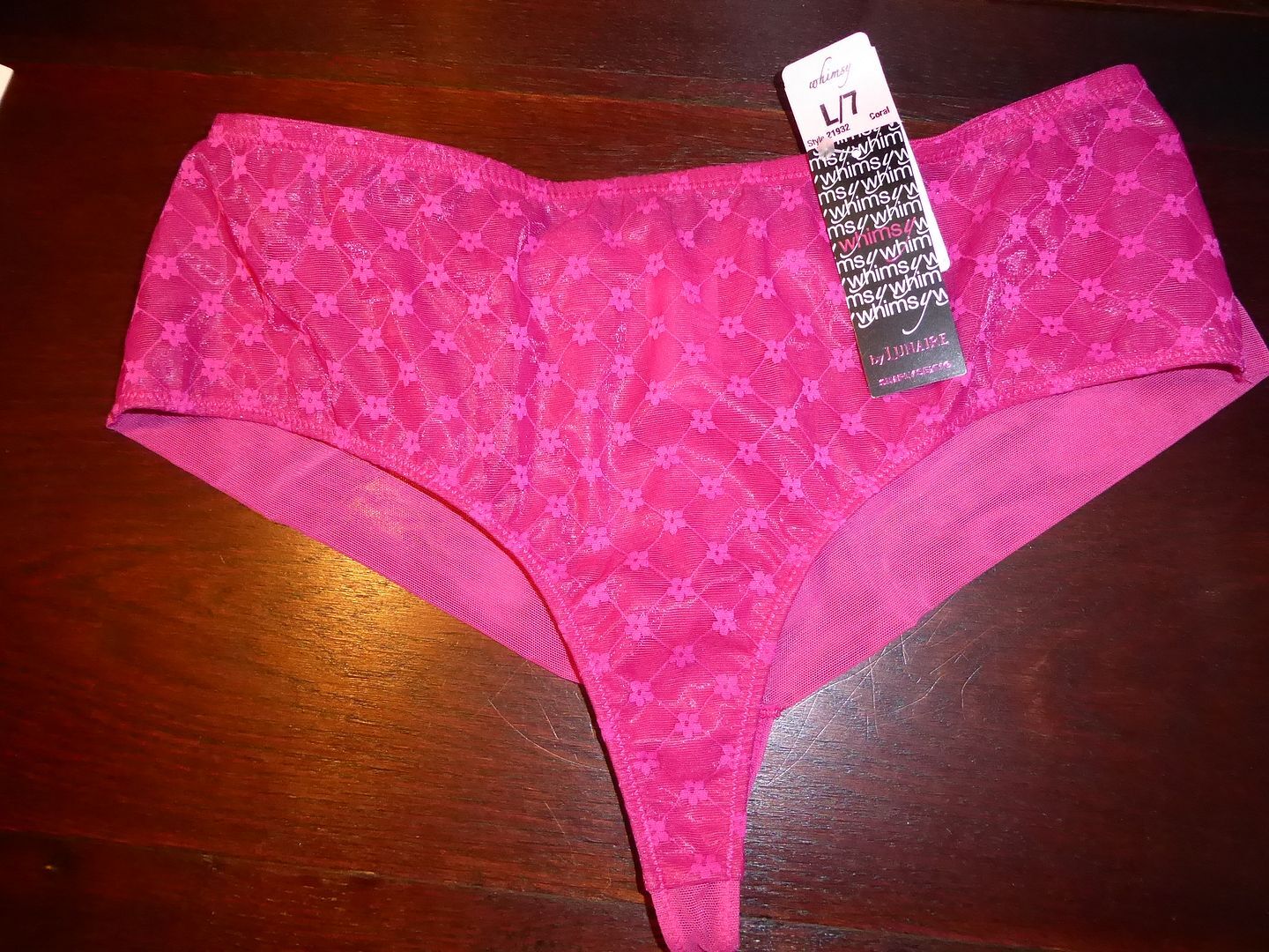 NWT LUNAIRE WHIMSY LACE FRONT CHEEKY TANGA THONG PANTIES 21932 RASPBERRY L / 7