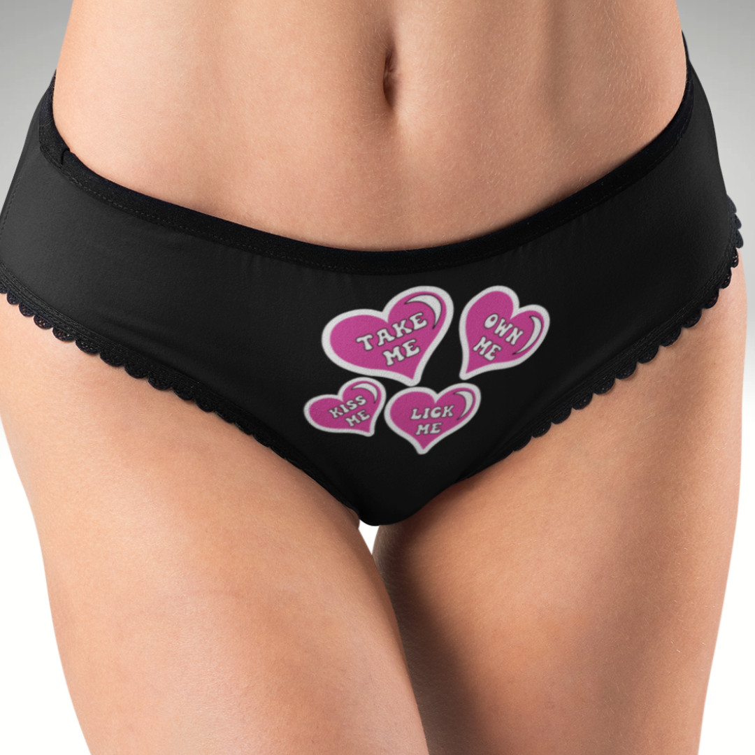 Women’s Black Valentine Heart Panties Hipster Flirty Lingerie XS–2XL