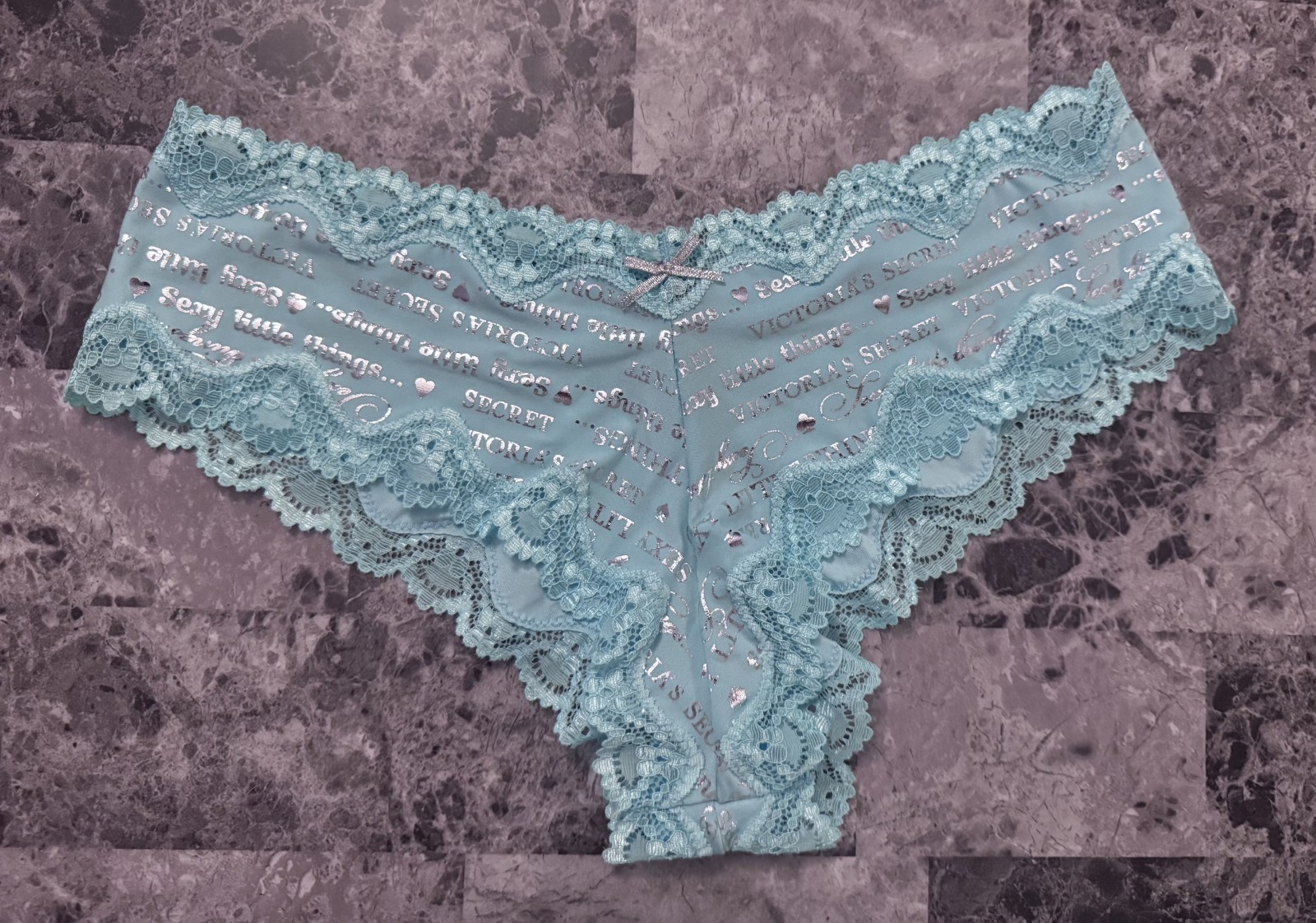 NWT VICTORIA’S SECRET SEXY LITTLE THINGS L SILVER AQUA LACE RARE CHEEKY PANTIES
