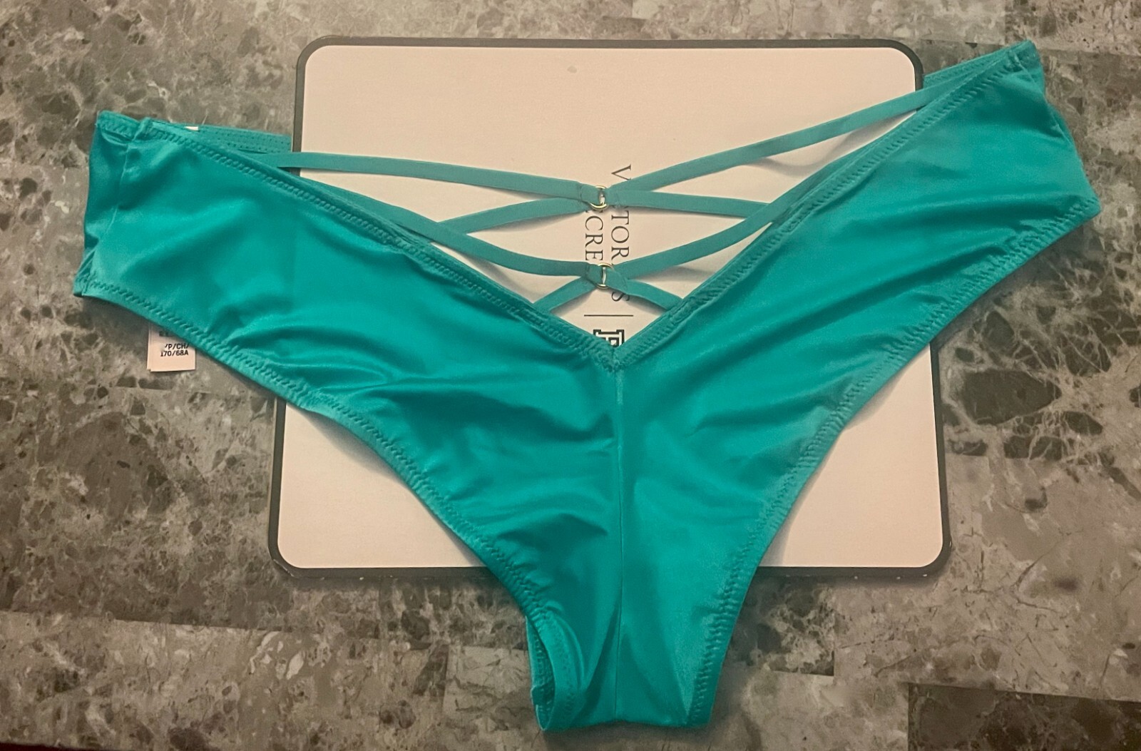 NWT VICTORIA’S SECRET TEAL SATIN SMOOTH STRAPPY BACK GOLD RING CHEEKY PANTIES