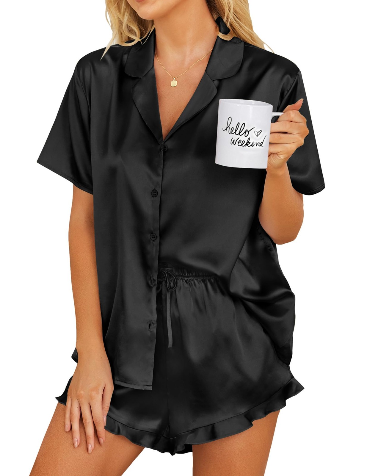 Ekouaer Womens Satin Pajamas Set Button Down 2 Piece Silk Pjs XX-Small, Black