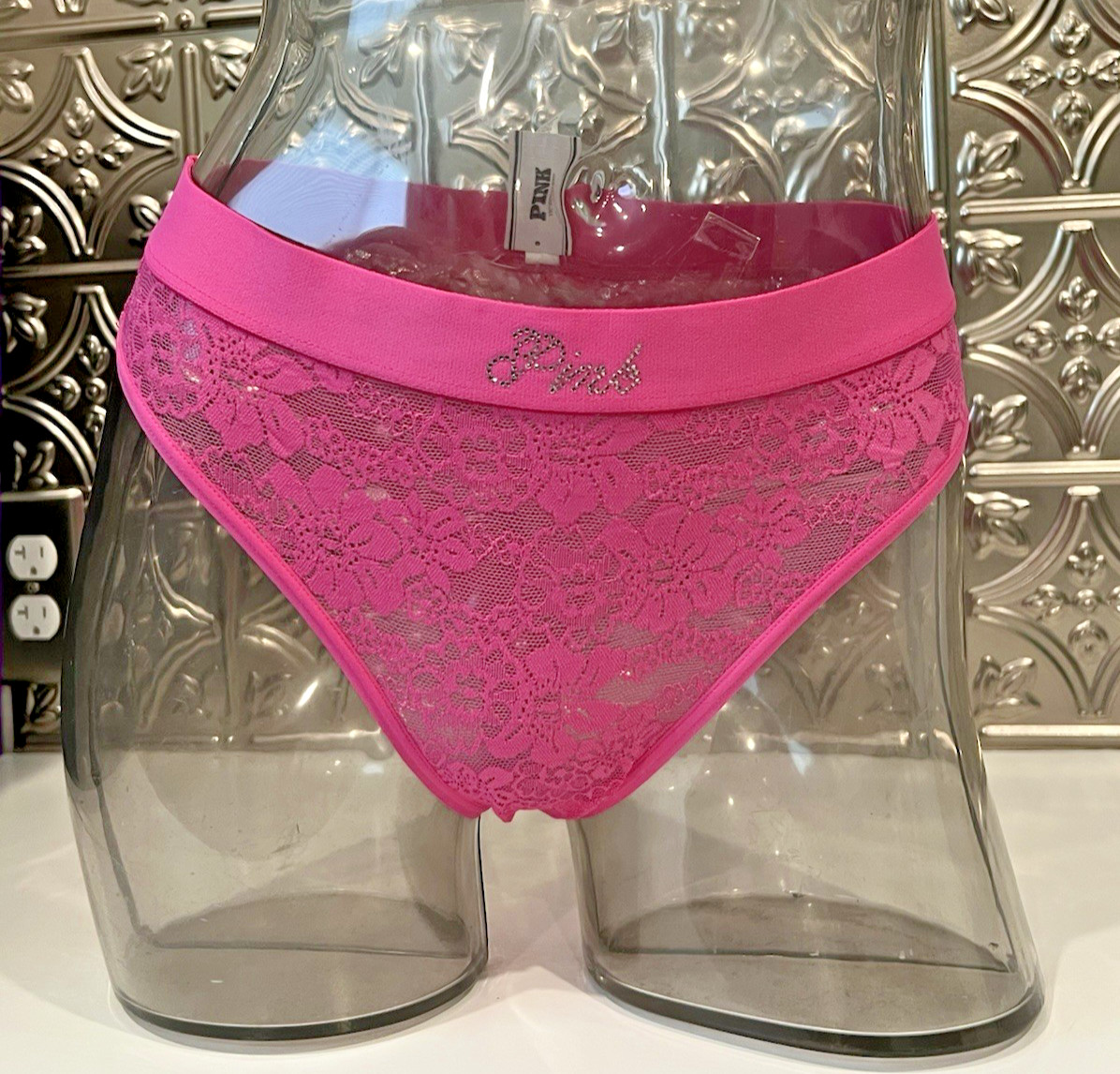 Victoria’s Secret PINK Bling Lacie Logo BRAZILIAN Panty Sz XS Pink Gossip NWT