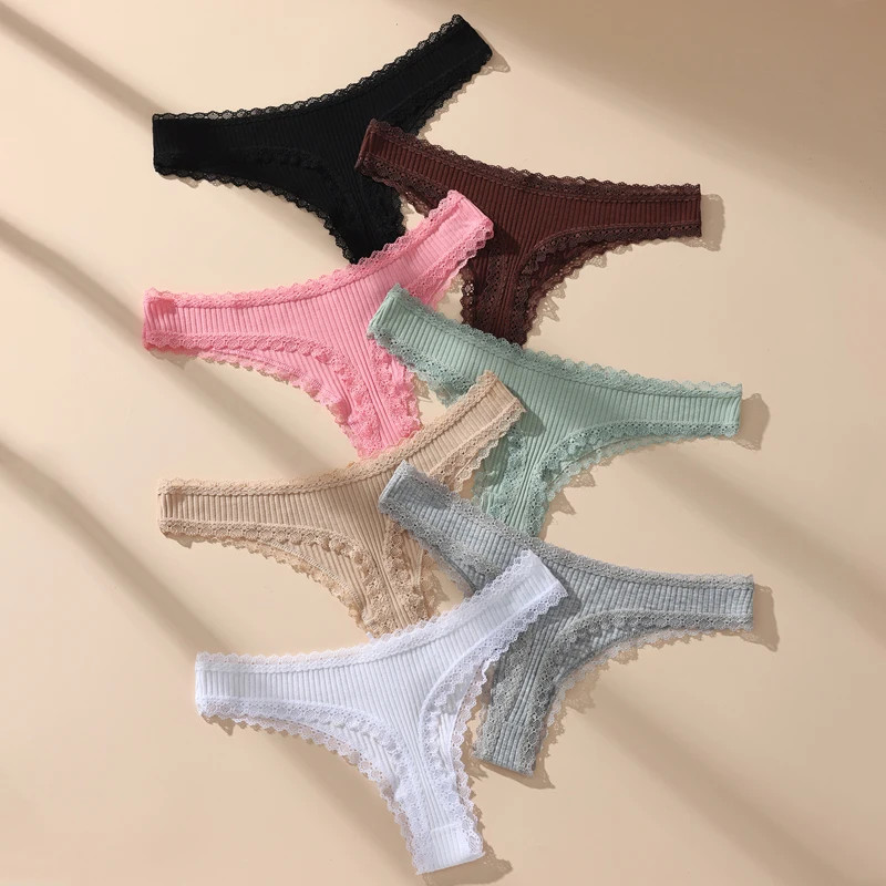 Cotton Lace Thong Panties Women’s Low Rise T Back Soft Underwear 7 Pcs