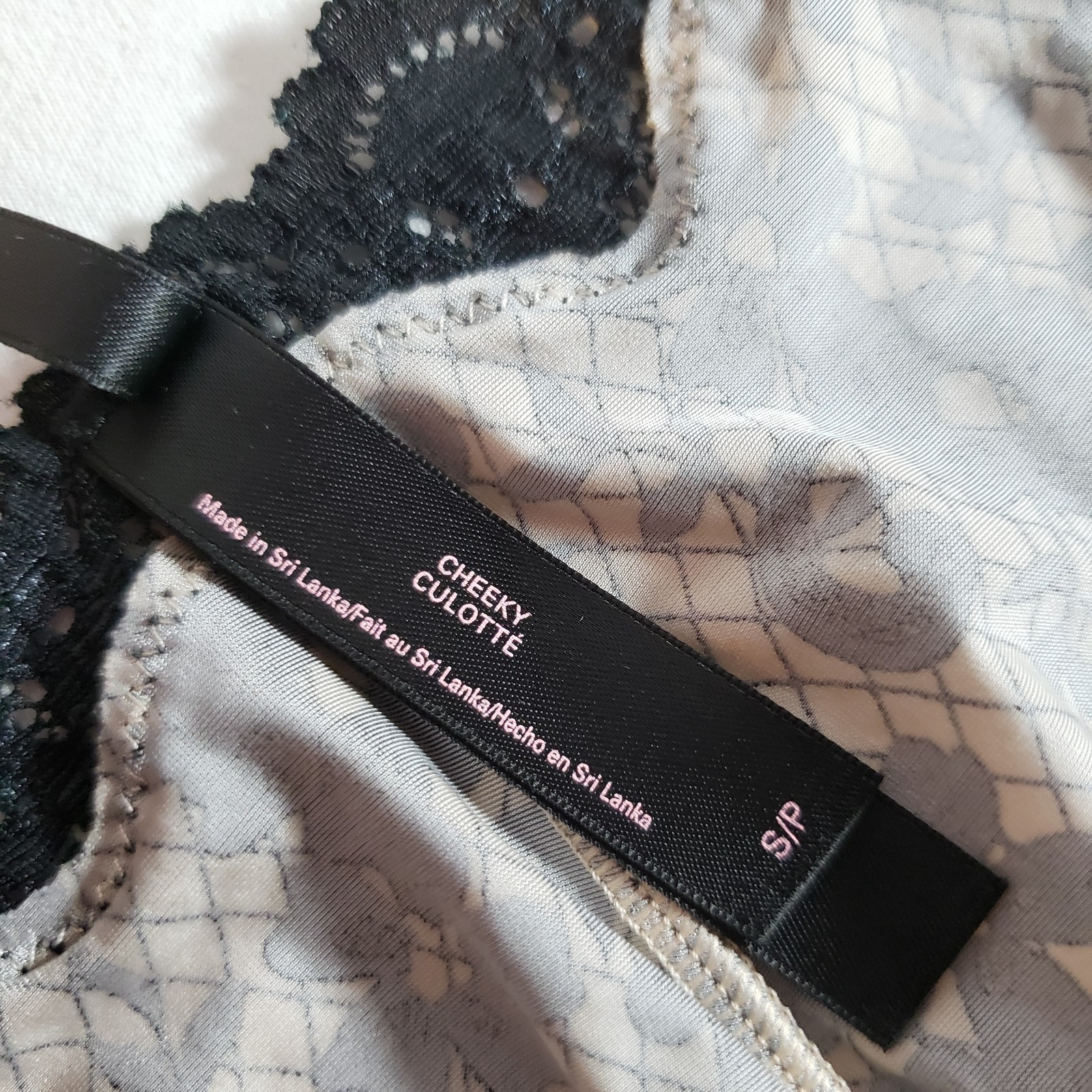 Victoria’s Secret Smooth Satin Cheeky Small Black Beige Fishnet Floral Lace