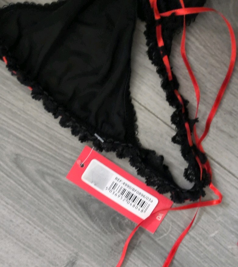 BNWT Vintage Daniel Axel Sheer Black Mesh & Ribbon Slotted Lace Thong Size 8-10