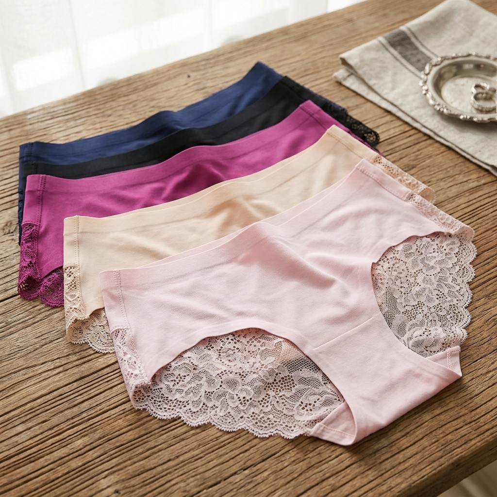 6 Pack Ice Silk Mid-Rise Lace Trim Briefs Women’s Seamless Underwear