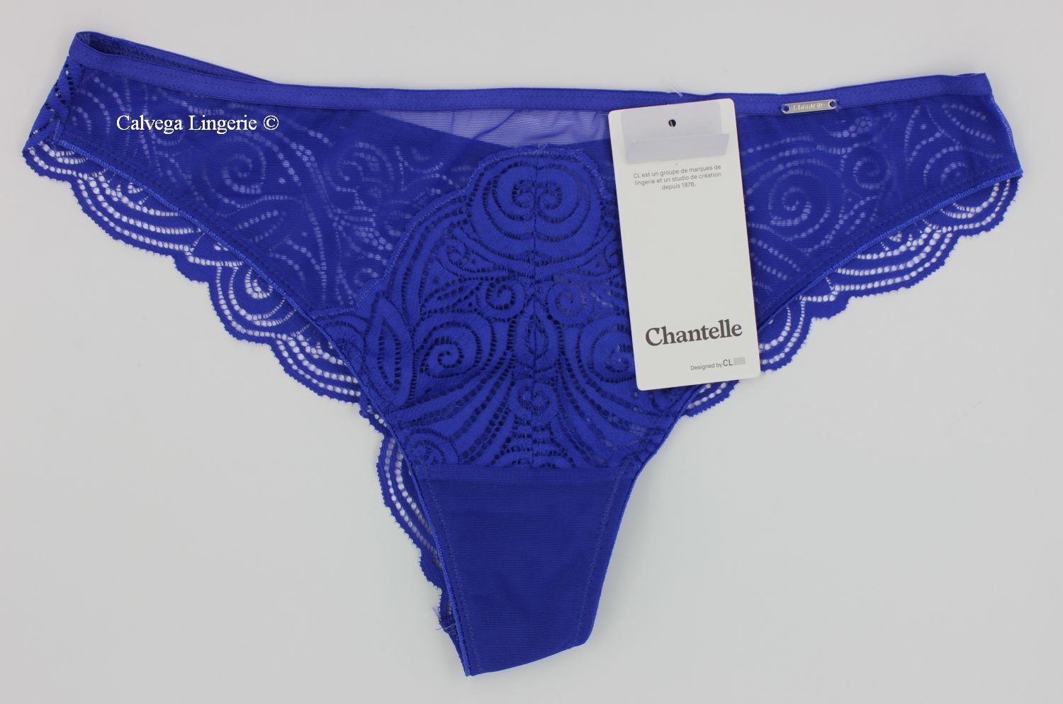 NWT Chantelle C14690 “Pyramide” Lace Tanga Panty, Royal Blue (071)