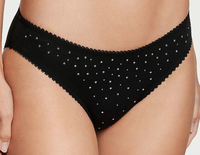 S NOIR BLACK Scatter Rhinestone Stretch Cotton Victoria’s Secret BIKINI Panty