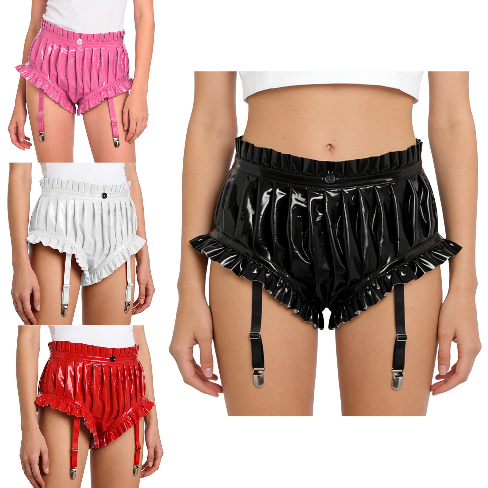 Womens Wet Look PU Leather Briefs Underwear Ruffled Trim Ruched Bloomer Shorts