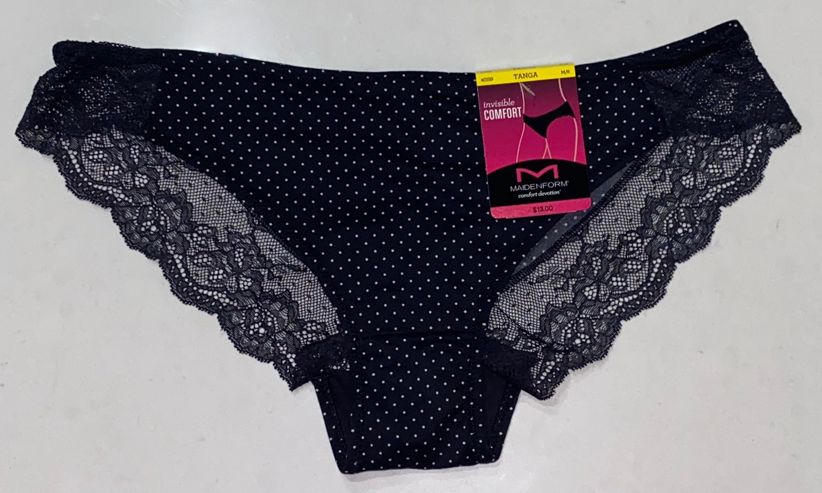 MAIDENFORM Comfort Devotion BLACK Polka Dot Lace Back Tanga Panty Womens M L XL