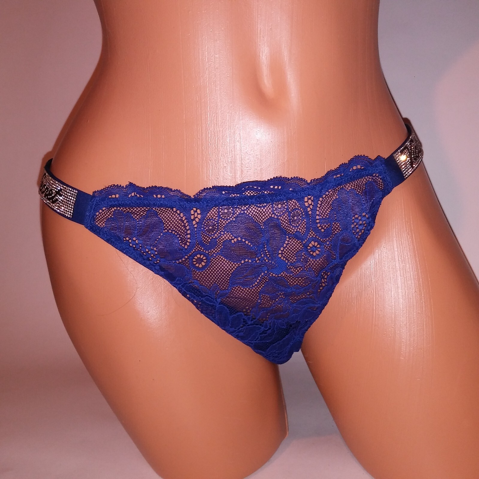 Victoria Secret Panty Bikini Shine Strap Navy Blue Logo Rhinestone Bling New