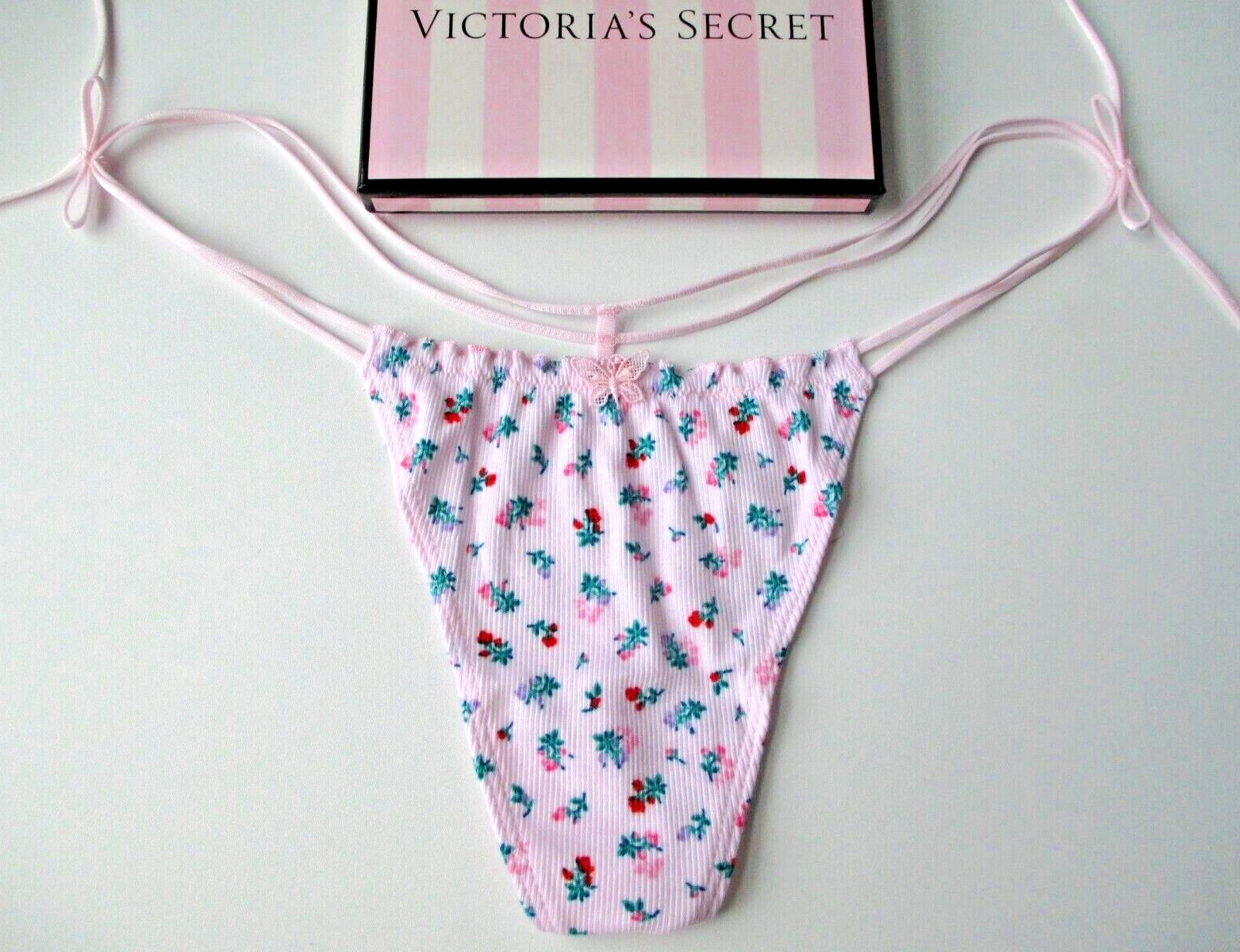 VICTORIA’S SECRET PINK Cotton V-String Thong Panty XL Floral NWT Ruffle Tie Bow
