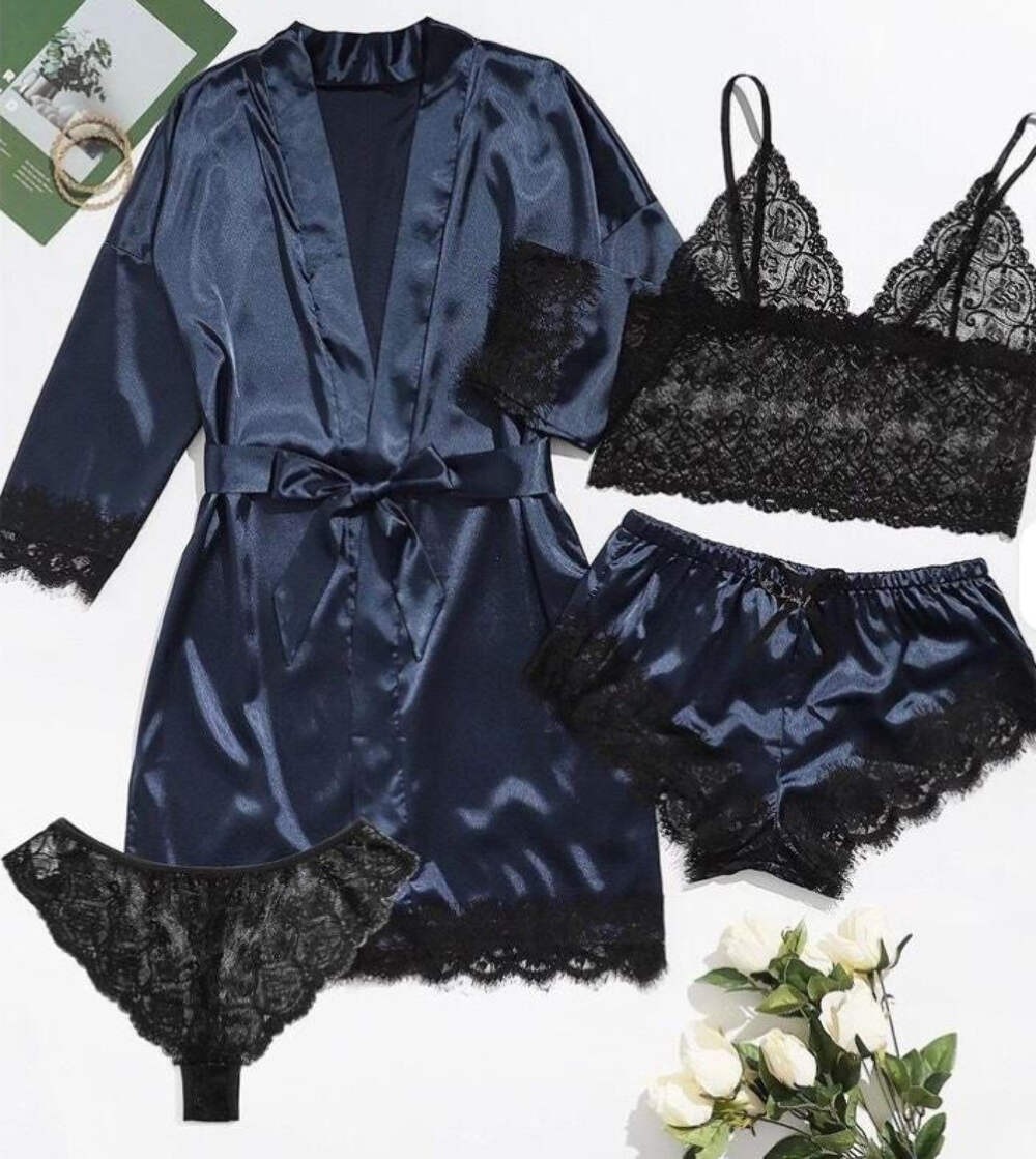 Silky feel navy blue satin black lace trim 4 piece lingerie set size 10 (M)