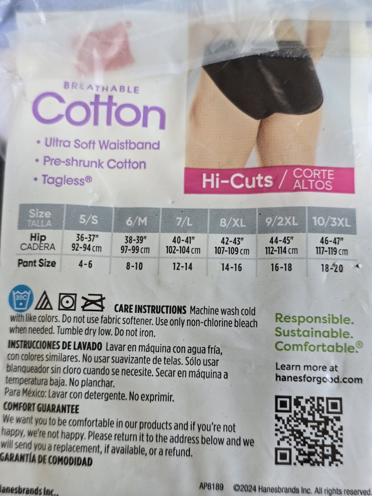 Hanes Women’s Cotton Tagless Hi-Cut Panties Size 7/L, 6 Pack Breathable Open Pk