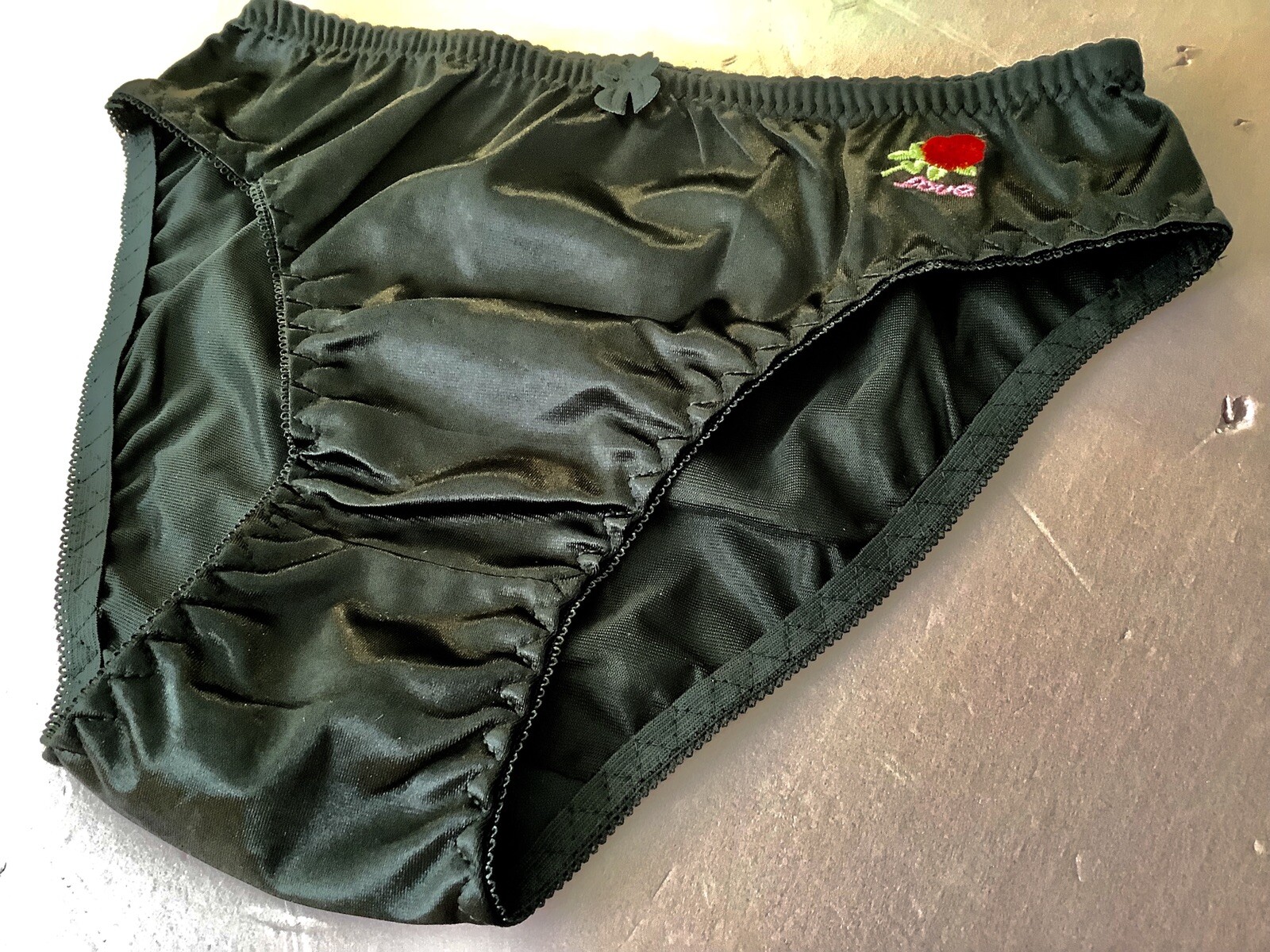 Women Panties Bikinis ANN DIANE Size S. Black Shiny Satin Soft W/decoration