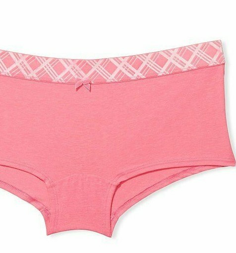 L Soft Coral Pink Cotton Victorias Secret Velvet Plaid Bow Waist Boyshort Panty
