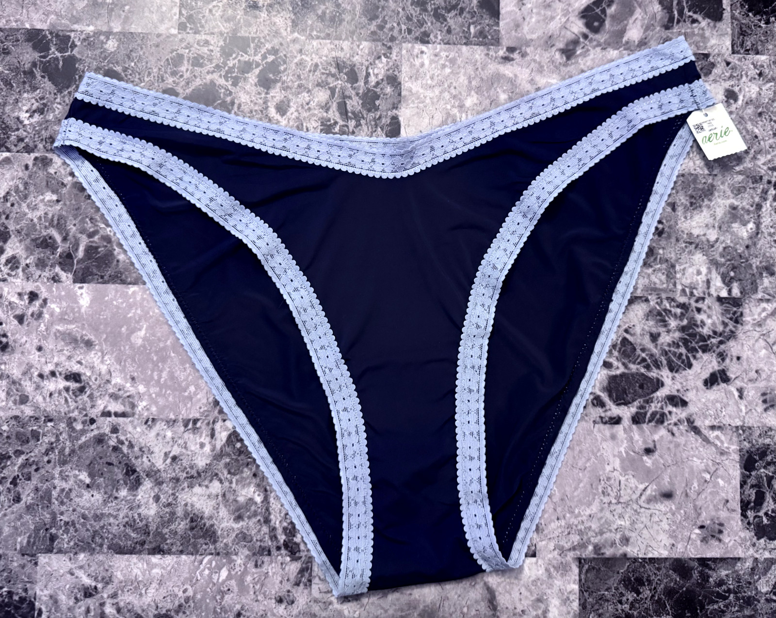 NWT AERIE AMERICAN EAGLE SMOOTHEZ THIN NAVY BLUE LACE HIGH LEG BIKINI PANTIES