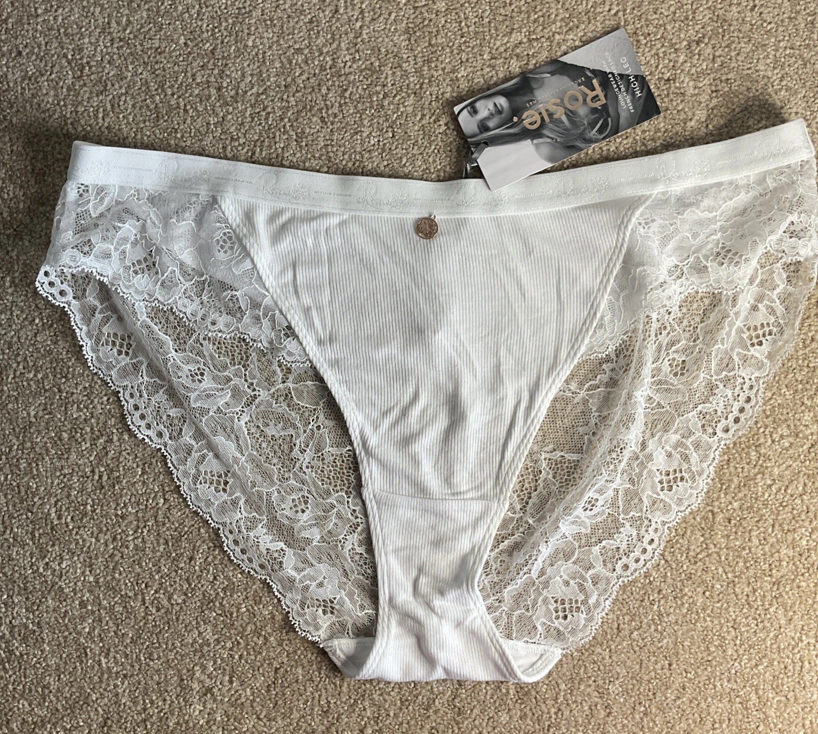 M&S Size 16 Rosie Ribbed French Design Lace High Leg Knickers White Loungewear