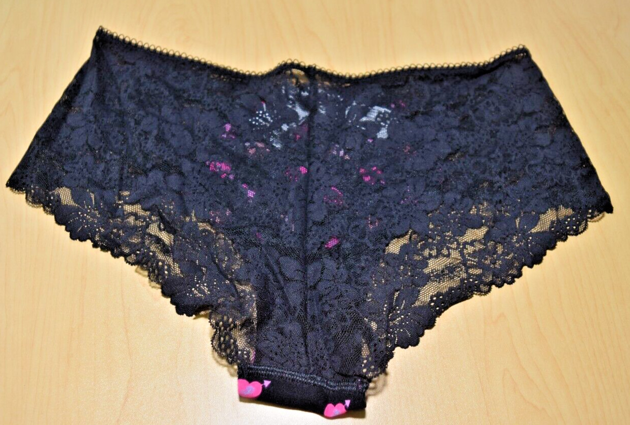 NWT Victorias Secret Pink Multicolor Hearts Lace Cheeky Panty Black L Large